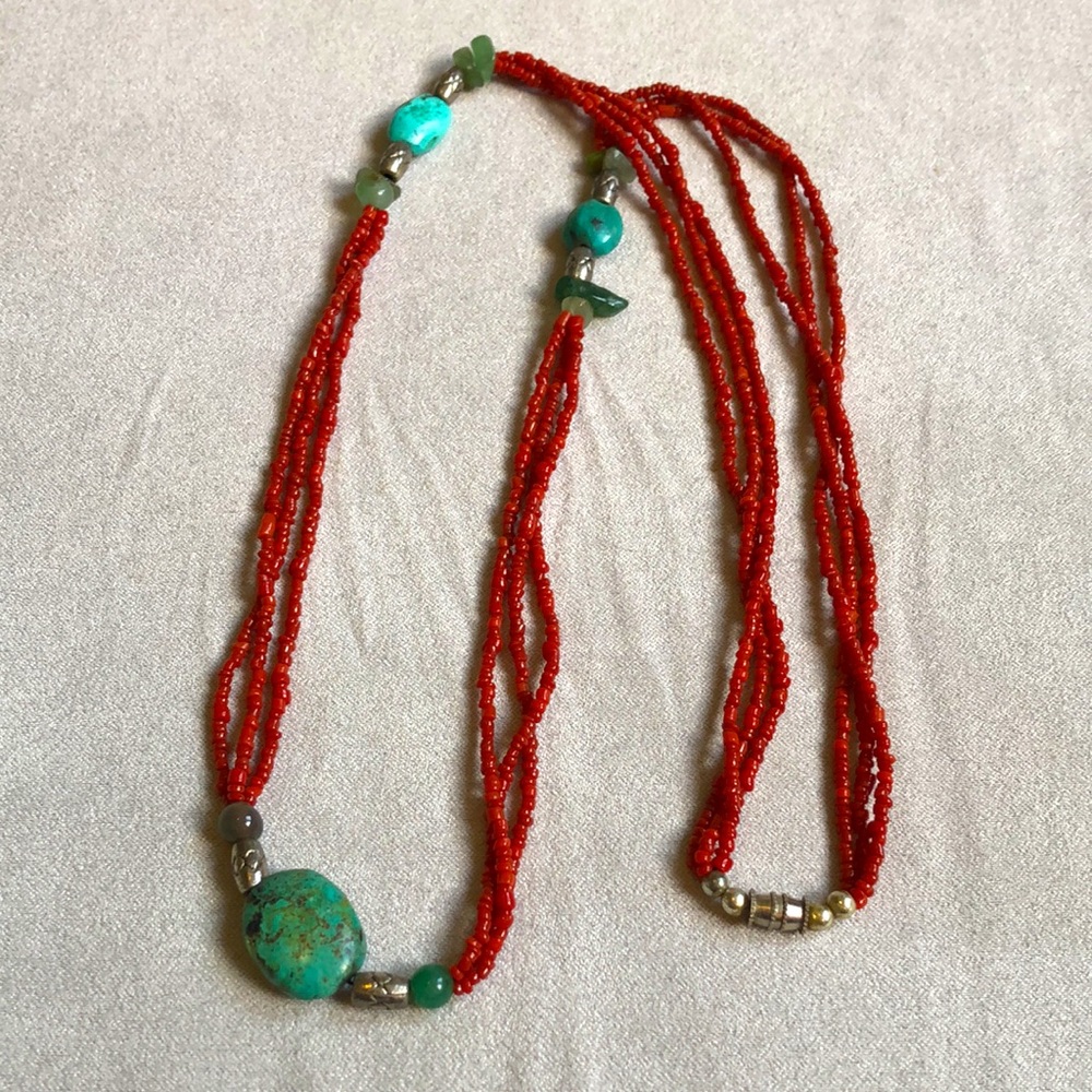 Turquoise & Red Coral Necklace 14.5”